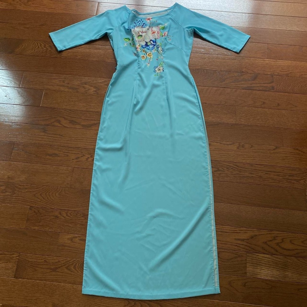 Ao Dai Light Blue with Floral Print